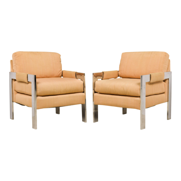 milo baughman for directional american mid century polished chrome upholstered armchairs a pair 4345