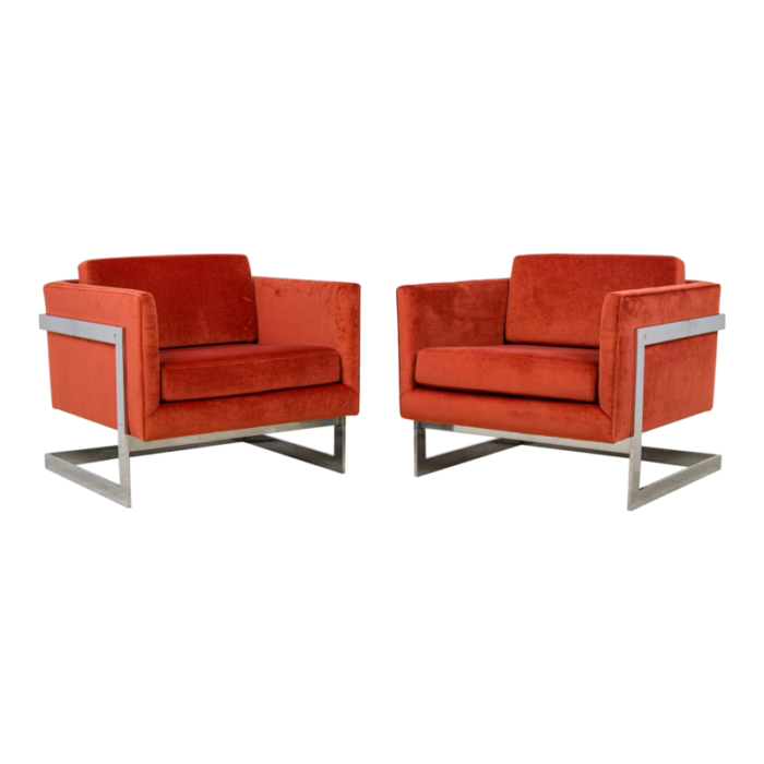 milo baughman for thayer coggin american mid century orange floating cube lounge armchairs a pair 0880