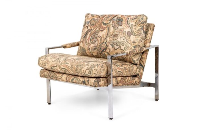 milo baughman for thayer coggin chrome and paisley fabric flat bar lounge armchairs a pair 1647