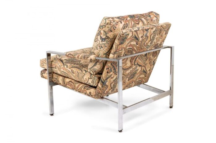 milo baughman for thayer coggin chrome and paisley fabric flat bar lounge armchairs a pair 1914