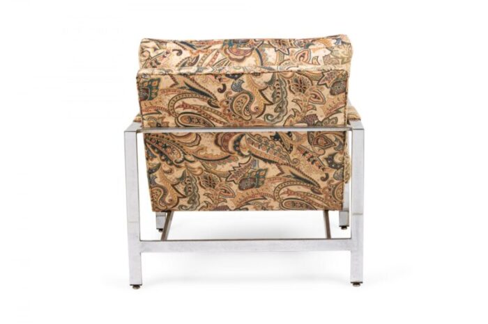 milo baughman for thayer coggin chrome and paisley fabric flat bar lounge armchairs a pair 3665