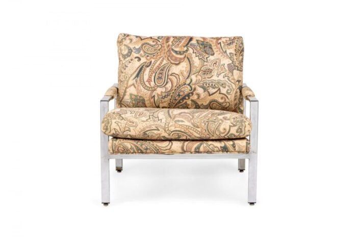 milo baughman for thayer coggin chrome and paisley fabric flat bar lounge armchairs a pair 5432