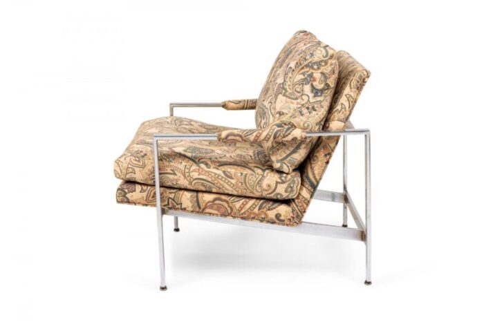 milo baughman for thayer coggin chrome and paisley fabric flat bar lounge armchairs a pair 8014