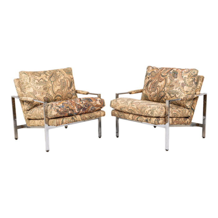 milo baughman for thayer coggin chrome and paisley fabric flat bar lounge armchairs a pair 9096