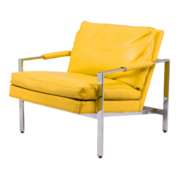 milo baughman for thayer coggin chrome yellow vinyl flat bar lounge armchair 8554