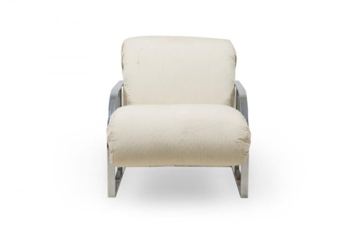 milo baughman for thayer coggin mid century american chrome off white upholstered scroll armchair 8977