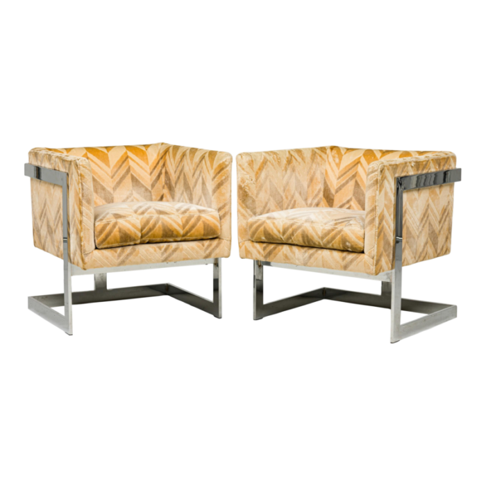 milo baughman for thayer coggin mid century chrome and beige upholstery t bar armchairs a pair 5871