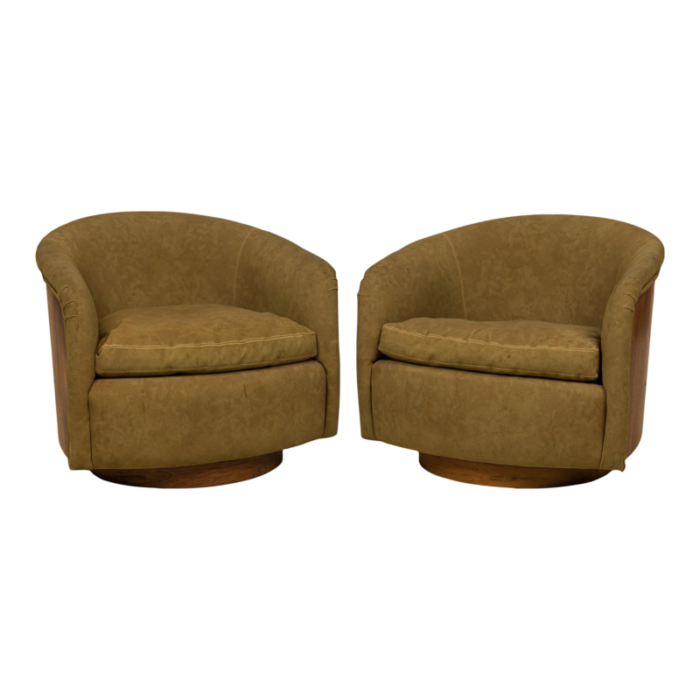 milo baughman for thayer coggin mid century khaki brown horseshoe lounge armchairs a pair 9028