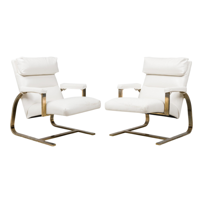 milo baughman mid century american brass white leather upholstered arm chairs a pair 2968