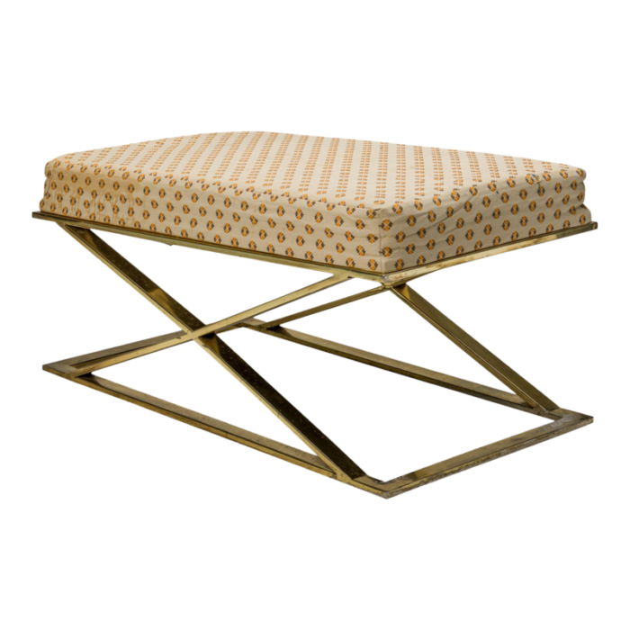 milo baughman thayer coggin american mid century brass and beige patterned upholstered x bench 4213