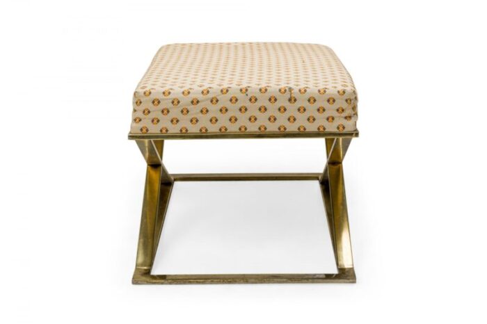 milo baughman thayer coggin american mid century brass and beige patterned upholstered x bench 6285