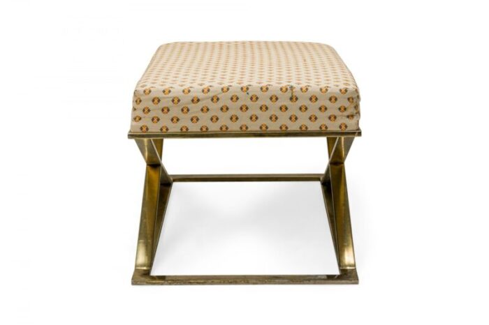 milo baughman thayer coggin american mid century brass and beige patterned upholstered x bench 6684