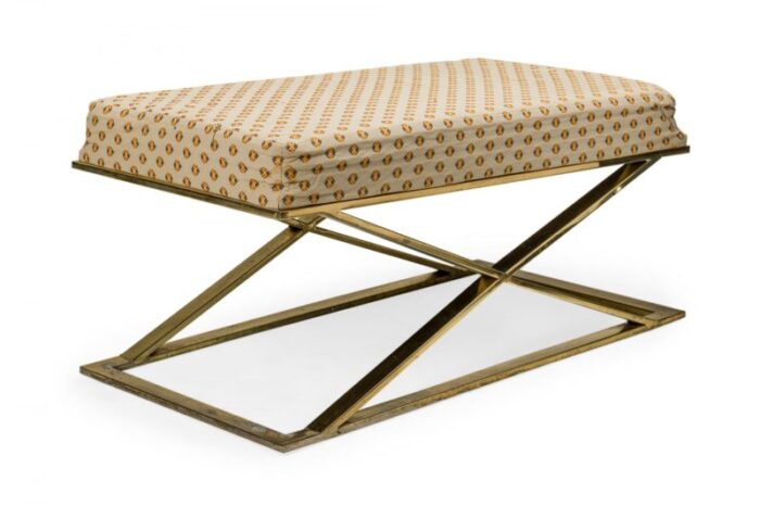 milo baughman thayer coggin american mid century brass and beige patterned upholstered x bench 7369