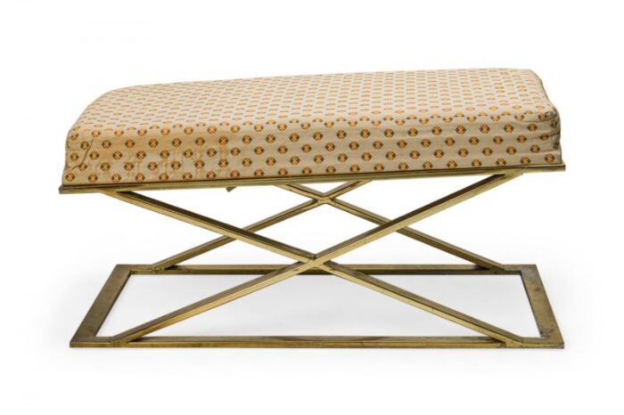 milo baughman thayer coggin american mid century brass and beige patterned upholstered x bench 7941