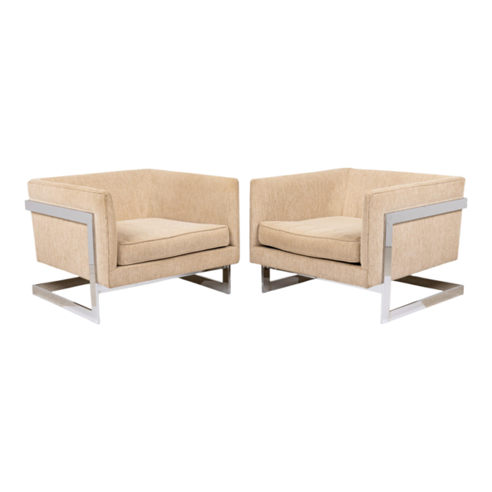 milo baughman thayer coggin mid century beige upholstery and chrome floating cube armchairs a pair 2558