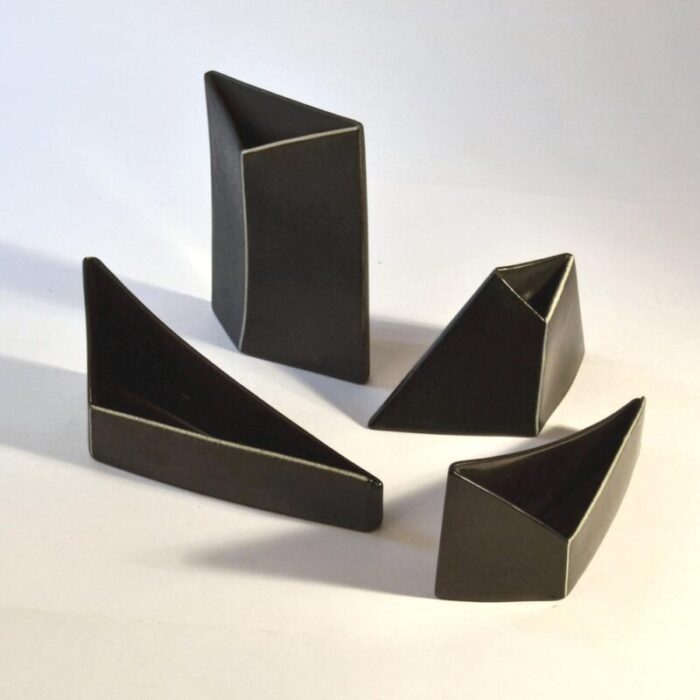 minimalist triangular black and white ceramic bowls and vases 1980s set of 8 2