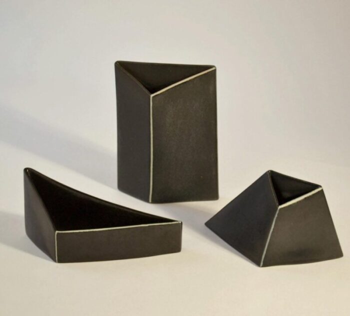 minimalist triangular black and white ceramic bowls and vases 1980s set of 8 3