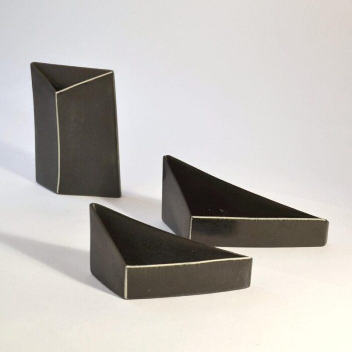 minimalist triangular black and white ceramic bowls and vases 1980s set of 8 5