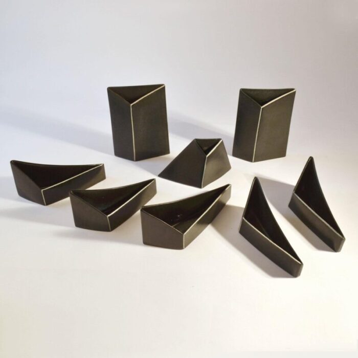 minimalist triangular black and white ceramic bowls and vases 1980s set of 8 8