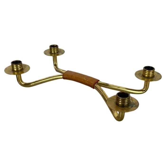 modern auboeck style brutalist brass and leather candleholder 1950s 1