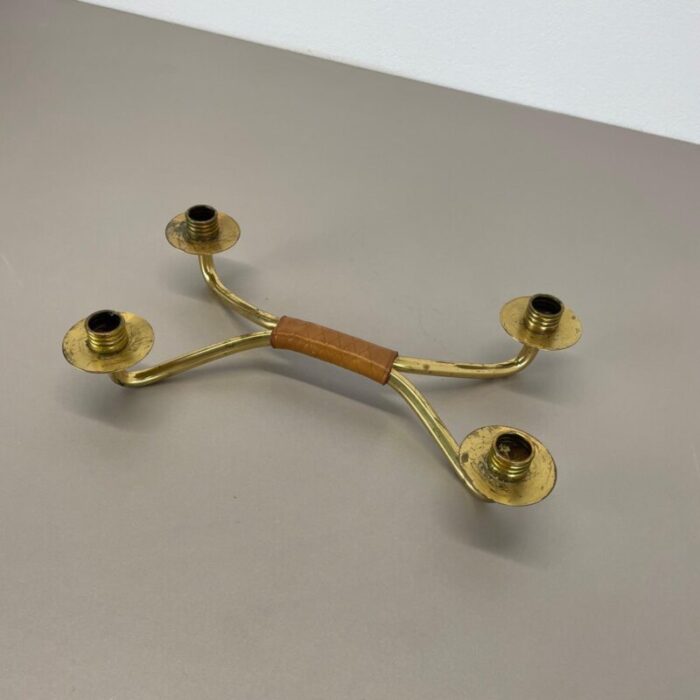 modern auboeck style brutalist brass and leather candleholder 1950s 16