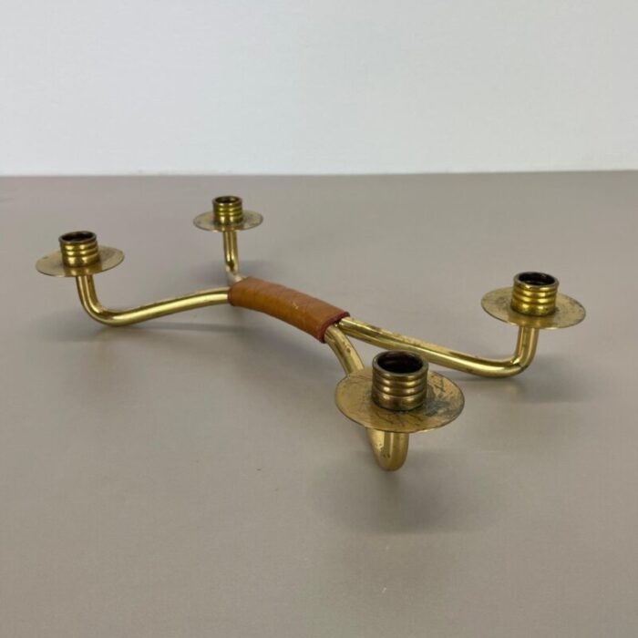 modern auboeck style brutalist brass and leather candleholder 1950s 2