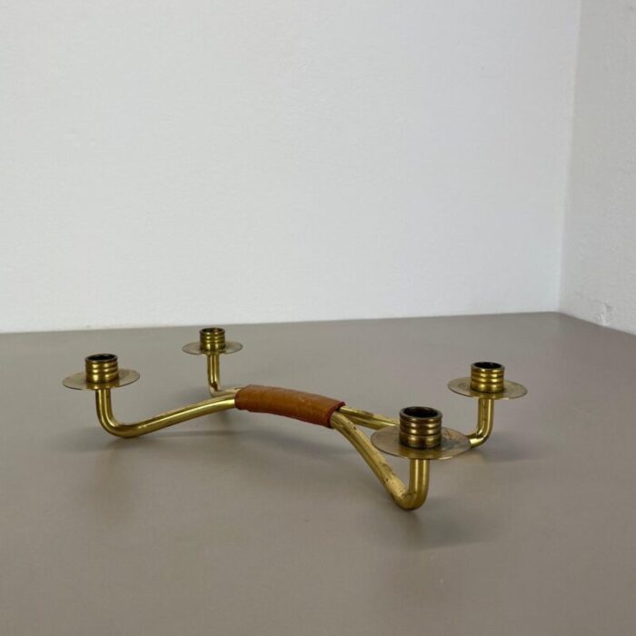 modern auboeck style brutalist brass and leather candleholder 1950s 3