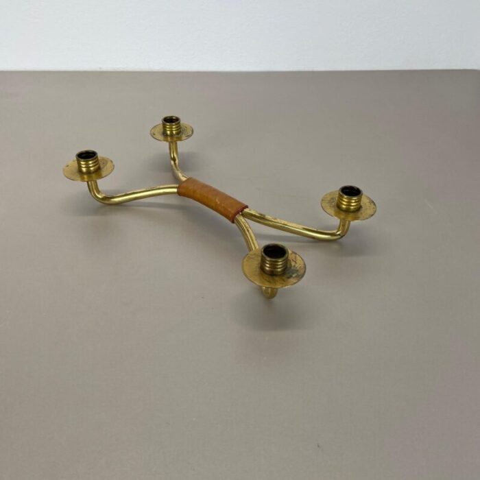 modern auboeck style brutalist brass and leather candleholder 1950s 4