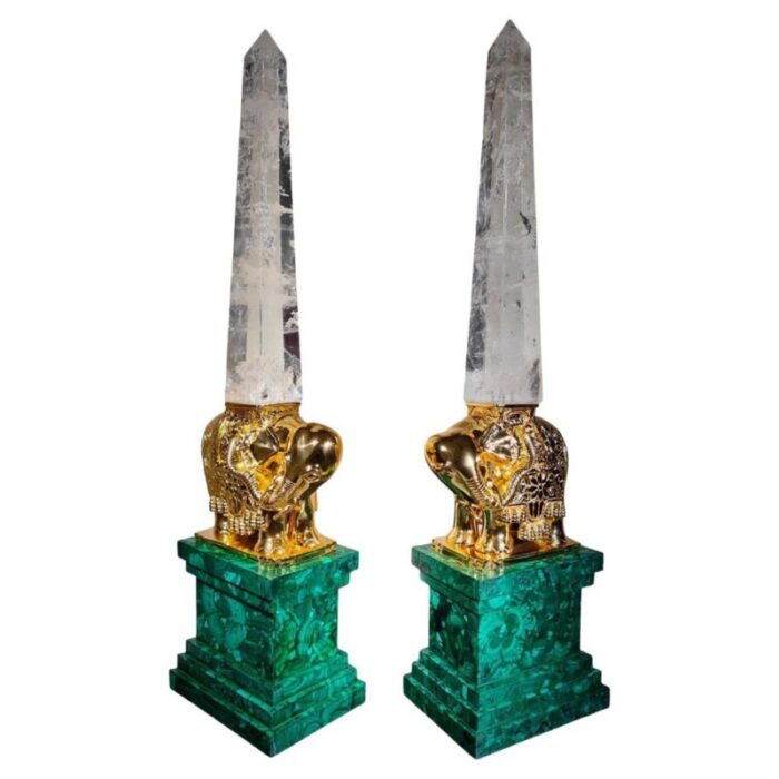 monumental malachite obelisks in malachite quartz and gilt bronze 1950 set of 2 1