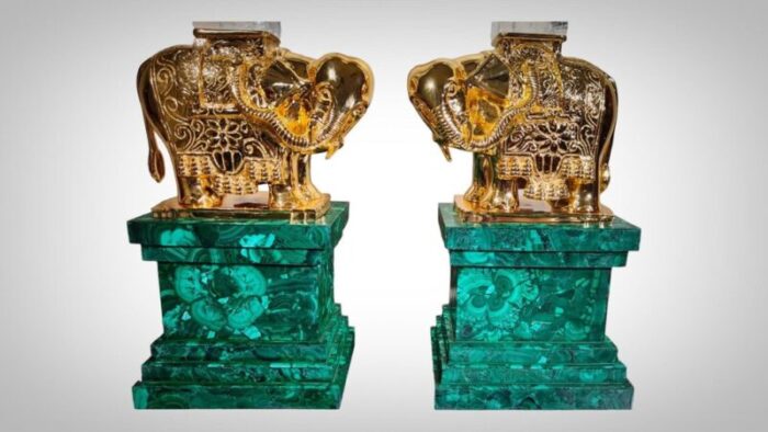 monumental malachite obelisks in malachite quartz and gilt bronze 1950 set of 2 3