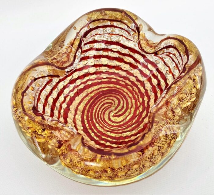 murano glass bowl or ashtray with 24 karat gold bubbles and red spiral designed by barovier and toso 1950s italian mid 20th century 6261