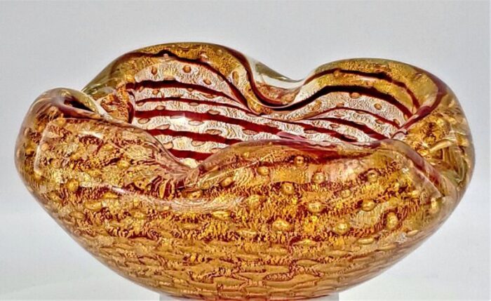 murano glass bowl or ashtray with 24 karat gold bubbles and red spiral designed by barovier and toso 1950s italian mid 20th century 6877