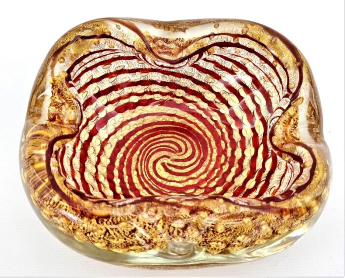 murano glass bowl or ashtray with 24 karat gold bubbles and red spiral designed by barovier and toso 1950s italian mid 20th century 7014