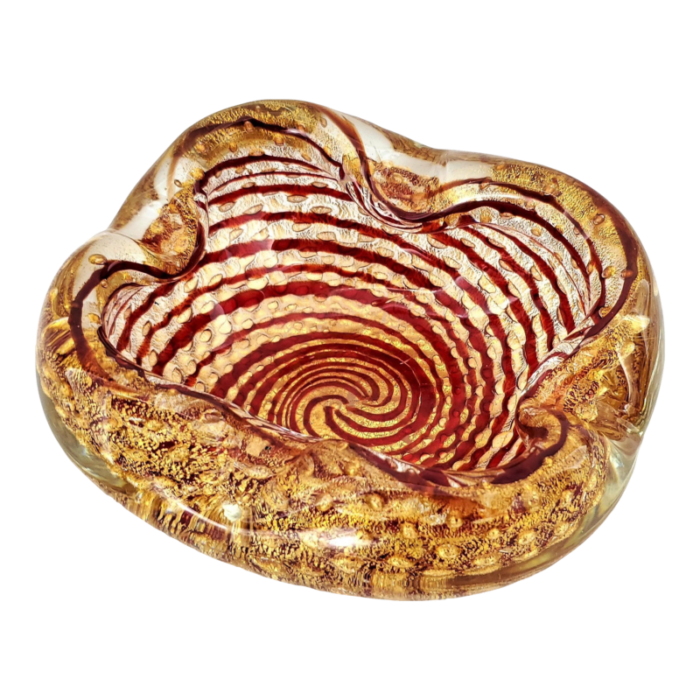 murano glass bowl or ashtray with 24 karat gold bubbles and red spiral designed by barovier and toso 1950s italian mid 20th century 9785