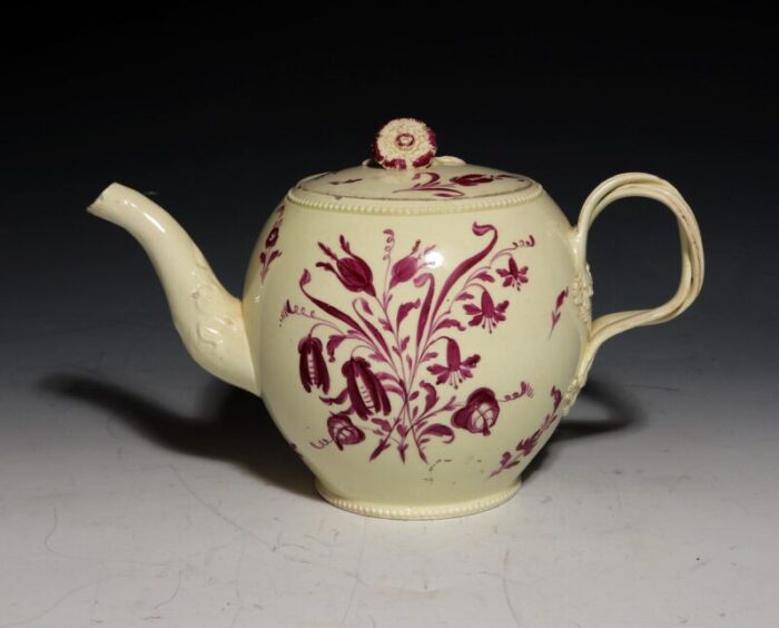 ny9486 creamware teapot puce flowers botanical master