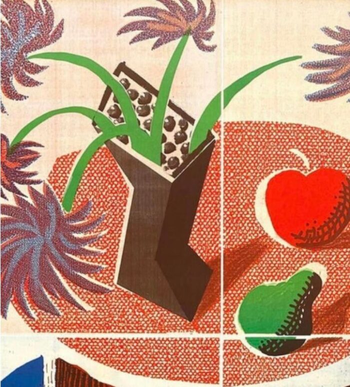 original 1980s david hockney museum exhibition lithograph poster fiesta 88 at the bradford festival flowers apple and pear on a table 1986 4923