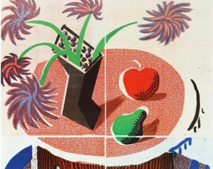 original 1980s david hockney museum exhibition lithograph poster fiesta 88 at the bradford festival flowers apple and pear on a table 1986 7844