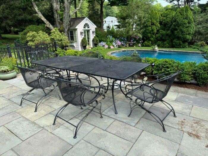 ow lee vintage garden leaf wrought iron table and 4 barrel back coil spring chairs 0169