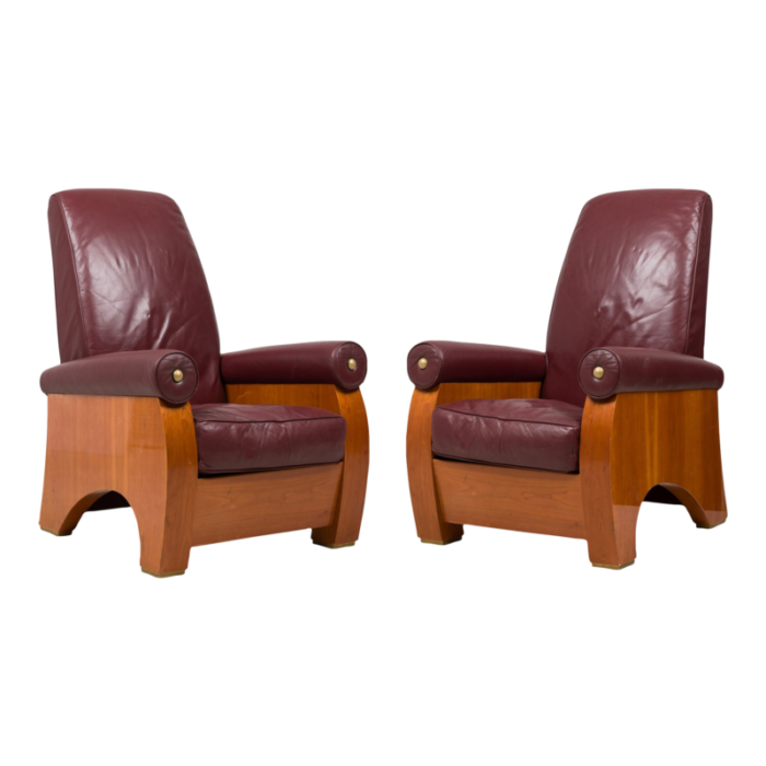 pace collection mid century american modern high back mahogany and burgundy leather chairs a pair 2008