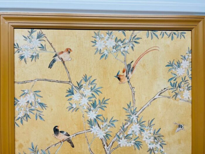 pair antique chinese hand painted foliate and ornithological wallpaper panels 2297