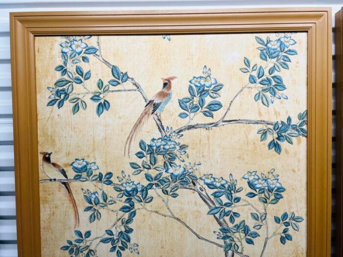 pair antique chinese hand painted foliate and ornithological wallpaper panels 3824