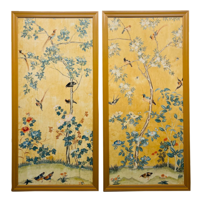 pair antique chinese hand painted foliate and ornithological wallpaper panels 9037