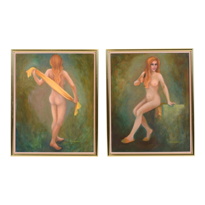 pair green gold female figural nude goddess muse paintings by swanson 2315