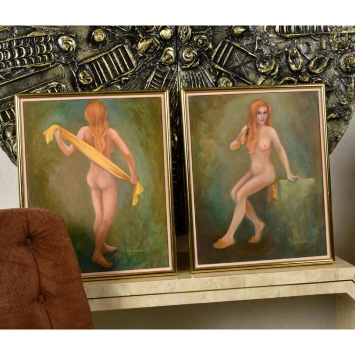 pair green gold female figural nude goddess muse paintings by swanson 4442