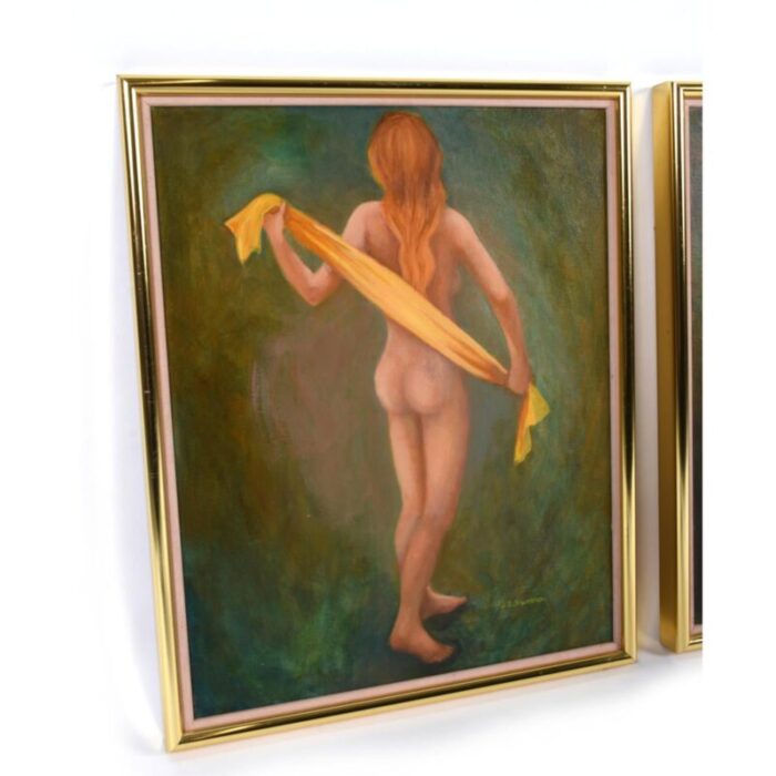 pair green gold female figural nude goddess muse paintings by swanson 8212