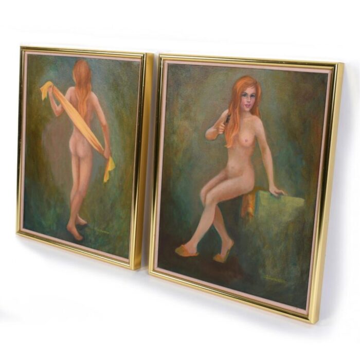 pair green gold female figural nude goddess muse paintings by swanson 9536