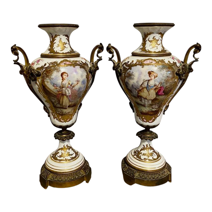 pair of 19th century french louis xvi sevres porcelain vases with bronze accents 1914