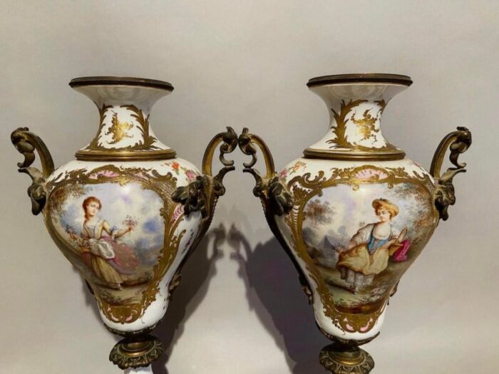 pair of 19th century french louis xvi sevres porcelain vases with bronze accents 2525