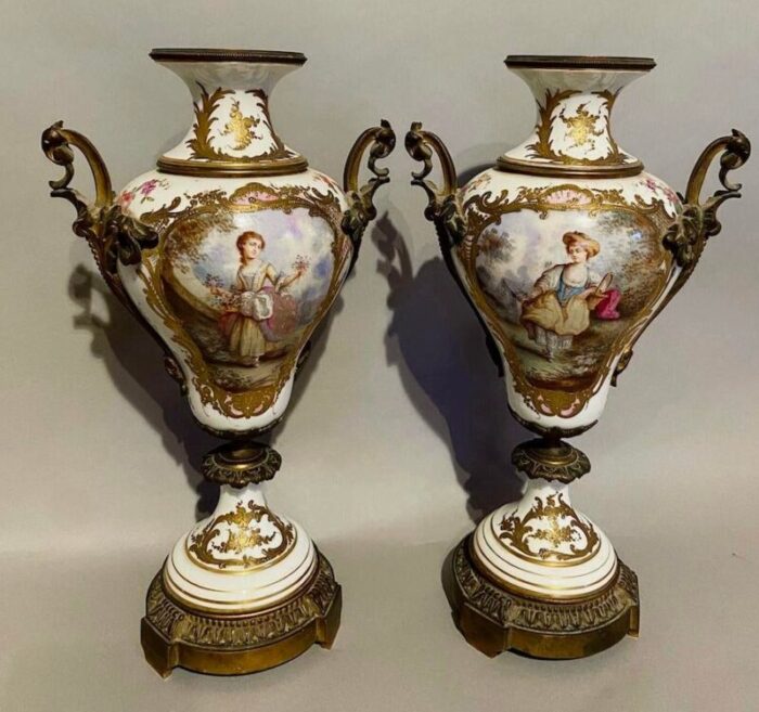 pair of 19th century french louis xvi sevres porcelain vases with bronze accents 8315