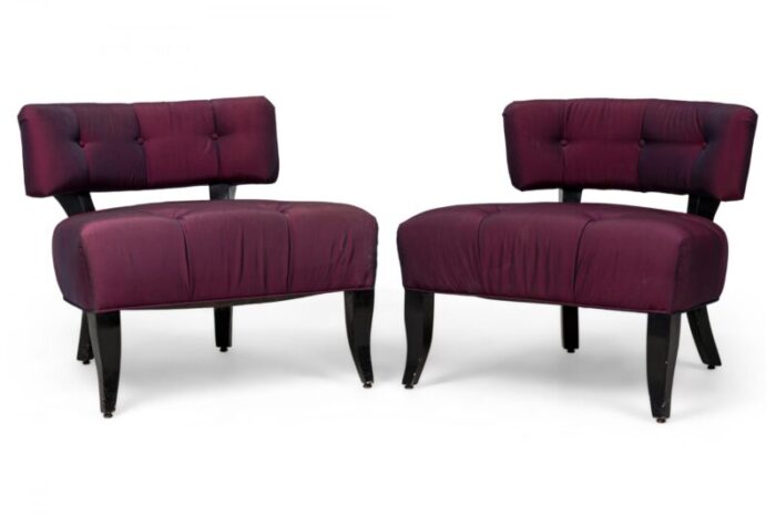 pair of billy haines mid century american purple upholstered slipper chairs and matching ottoman set of 3 2094